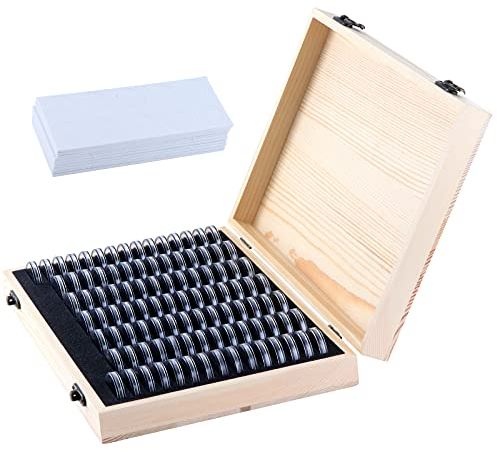 100 Stück Münzhalter, Holz-Münzsammelbox mit runden Münzkapseln, Kunststoff-Münzetui, Organizer, Münzsammelbox für Münzsammler, 18 mm/20 mm/23 mm/25 mm/27 mm/30 mm