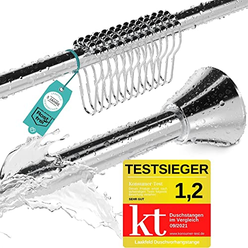 Duschvorhangstange ohne Bohren inkl. 12 Ringe - Stabile 120-215cm Teleskop Duschstange ohne Bohren aus Edelstahl rostfrei - Duschvorhang Stangen Set - Teleskopstange Dusche & Badewanne