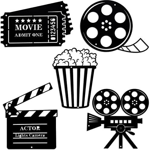 5 Pieces Movie Theater Decor Movie Theater Metal Home Room Decor Cinema and Popcorn Reel Wall Sign Art Cinema Film Wall Decoration for Home Party Supplies