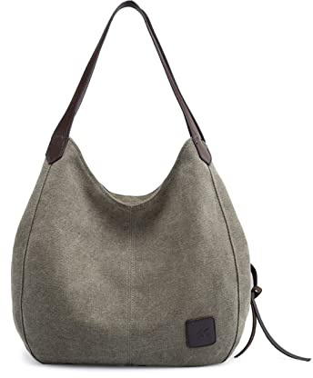 PORRASSO Damen Handtasche Canvas Hobo Schultertasche Mädchen Tote Bag Shopper Henkeltasche für Schule Reisen Arbeit Grün