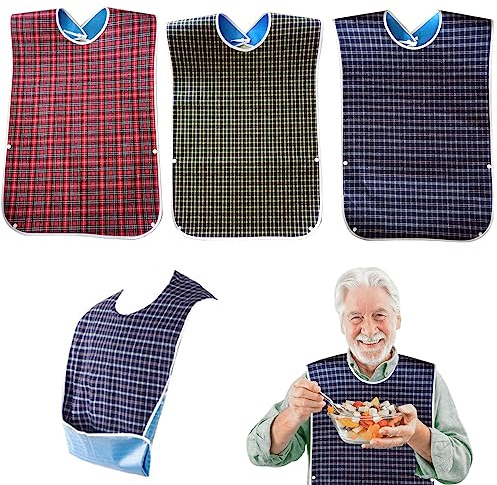 Nizirioo Lot de 3 Bavoirs pour Adultes - Imperméables - avec Fermeture à Bouton-Pression - Protection Lavable - pour les Femmes et les Personnes Âgées, Multicolore, M