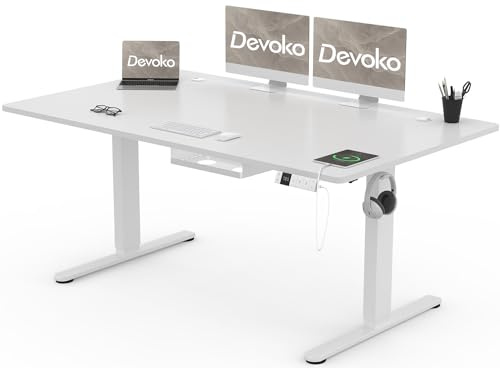 Devoko 160 x 80 cm scrivania regolabile in altezza, Ufficio con quattro sezioni, scrivania per computer con funzione di memoria, Bianco
