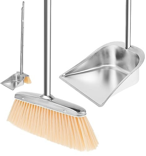 Dustpan and Brush Set Long Handle Broom and Dustpan Set Heavy Duty Stainless Steel Upright Household Dust Pan Sweeper Combo for Indoor Outdoor Home Garden Kitchen Room Office Lobby(Found)