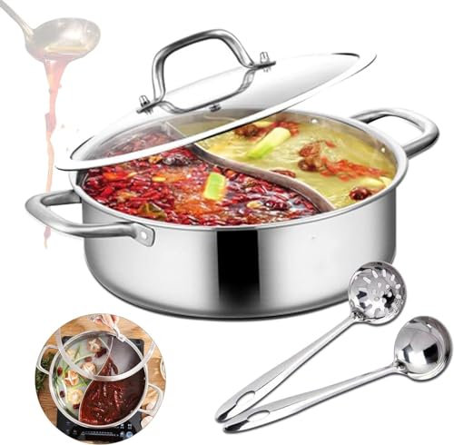 Durable Stainless Steel hot Pot Stainless Steel Shabu Shabu Pot,Hot Pot with 2 Soup Ladles,Lid,Shabu Shabu Dual Sided Divider Cooking Soup for Induction Cooker, Gas Furnace, Electric Furnace, Ceramic