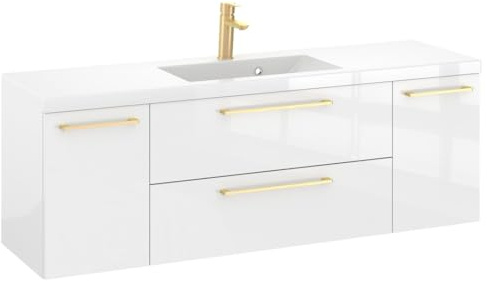 Furni Rosen 140 cm Hängend Badezimmerschrank mit Waschbecken und Stilvollen und Eleganten Goldenen Griffen Waschbeckenunterschrank Badezimmer Waschtisch mit Unterschrank Waschtischunterschrank