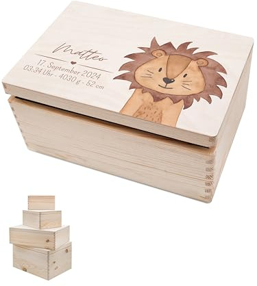 wunderwunsch® - Personalisierte Erinnerungsbox Baby mit Spezial-Druck - Baby Erinnerungsbox - Erinnerungskiste aus Holz - Geschenk zur Geburt (Löwe, S-Klappdeckel)
