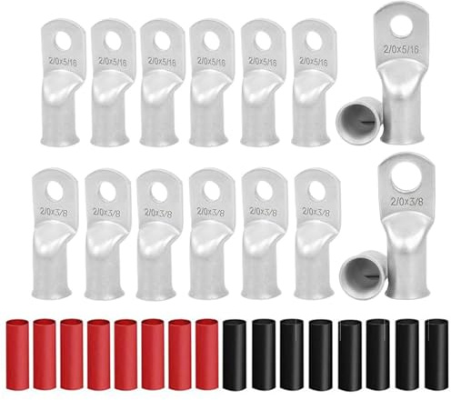 Heavy Duty Tinned Copper Wire Lugs - 8Pcs 2/0 AWG Studs (3/8, 5/16), 16Pcs Heat Shrink Tubing, Ring Terminals, Battery Cable Ends, Bare Copper Eyelets