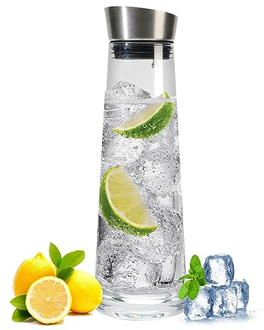 Wasserkaraffe,1 Liter Glaskaraffe mit Deckel, Glas Karaffe Krug mit Deckel und Auslauf, Wasserkaraffe aus Glas für Heißes Kaltes Wasser Getränke Eistee Milch Kaffee Wein