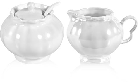 Pearl Luster Zucker- und Sahnekännchen-Set, 237 ml, Sahnekrug, 266 ml, Zuckerdose mit Deckel und Löffel, Sahne- und Zuckerbehälter, elegante Küche & Heimdekoration, Geschenke für Einweihungsfeier
