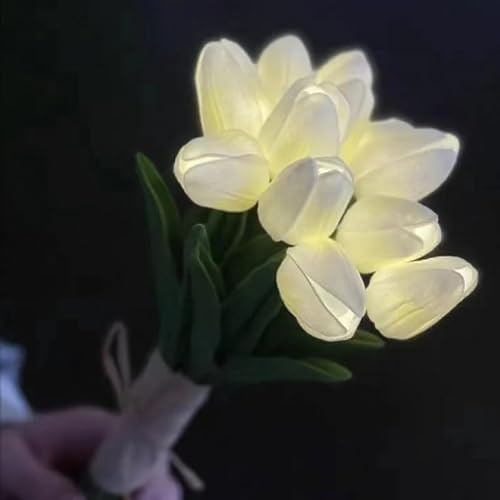 DINOWIN LED Künstliche Tulpen Gefälschte Tulpen Blumen batteriebetrieben Blumensträuße Nachtlicht wie echt für Home Room Hochzeit DIY Dekor (Weiß, 10 PCS)