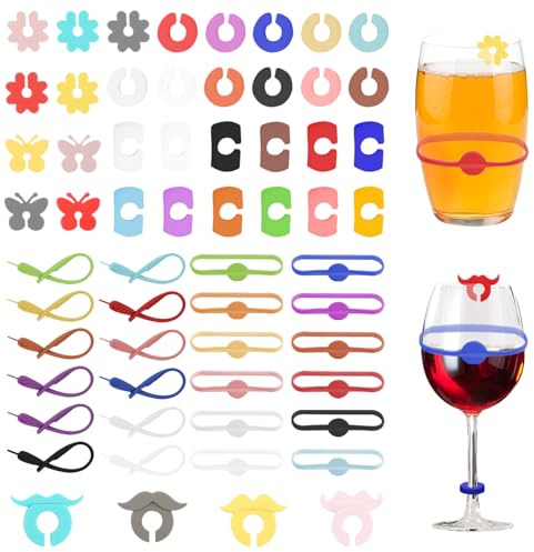 GOTFUN 63 Pcs Wine Drink Marker, Wine Glass Charms, Silicone Wine Glass Marker Drink Bottle Cup, Strip Tag Markers, Reusable Glass Drink Tags for Party Supplier Beer Drinking Glass Cup Wine Glass