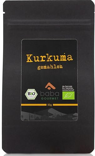 baba GOURMET - Original Bio Kurkuma Pulver 50 g - 100% naturrein gemahlen aus Curcuma - Reines Kurkumapulver in Premiumqualität - Gelbwurz Gewürz natürlich ohne Zusatzstoffe und Aromen