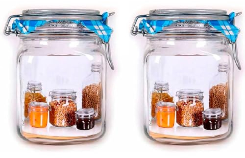 Acan Tradineur - Pack de 2 tarros de Vidrio herméticos Primizie, Incluyen Junta de Goma, Bote, Frasco Multiusos para almacenar conservas, legumbres, Pasta, Galletas - 15 x 10 cm - 1 litro