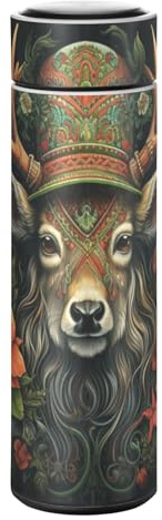 LINNIKEEEE Blumenmuster Weihnachtsmann Hirsch Thermosflasche aus Edelstahl - Auslaufsicher Wasserflasche Wasserkanne für Jungen Mädchen