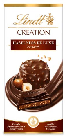 Lindt Schokolade | CREATION Tafel Haselnuss de Luxe | 150g | Feinherbe Schokolade mit knusprigen Haselnuss-Stückchen in cremiger Füllung | Schokoladen-Tafel