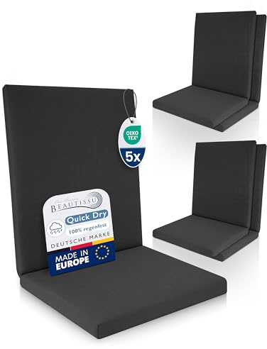 Beautissu 5er Set Premium Niedriglehner Auflage 100% Wasserdicht Sitzkissen | 100x50cm Anthrazit Gartenstuhl bequem pflegeleicht waschbar Polsterauflage Gartenmöbel Stuhlauflage UV-beständig Garten QD-NL