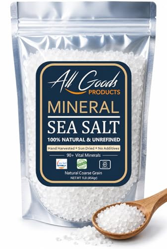 All Goods Products Mineral Coarse Grain Sea Salt, 16 oz Natural Salt from Mexico, Unrefined, Hand-Harvested, Loaded with 90+ Essential Minerals, Kosher, 30% Low Sodium.