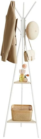 VASAGLE Garderobenständer in Baumform, Kleiderständer, freistehende Garderobe, Industrie-Design, mit 2 Ablagen, für Kleidung, Hüte, Taschen, naturbeige-perlweiß RCR016N01