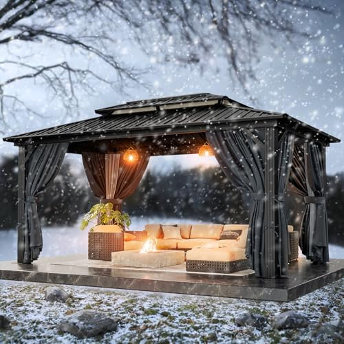 HOTEEL 3x3.65m Hardtop Pavillon Wasserdicht Stabil Winterfest, Gartenpavillon Metall mit Verzinkter Stahl Doppeldach, Alu-Rahmen, Schwer Entflammbare Vorhänge & Moskitonetz, Braun (2025 Aufrüstung)