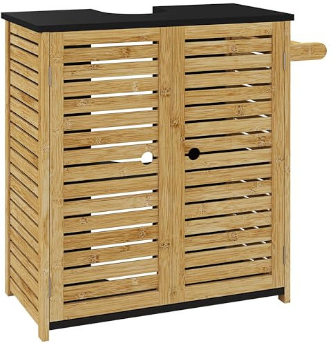 HOMCOM Mobile Sottolavabo con 2 Ante e Porta Asciugamani, Mobiletto Bagno Sotto Lavandino a Doghe con Intaglio a U, Colore Legno e Nero