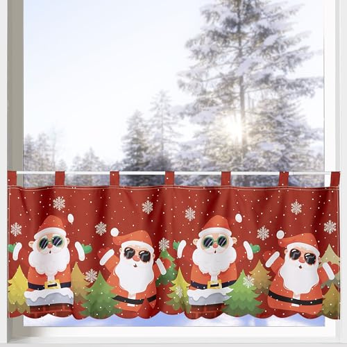 heimtexland ® Scheibengardine Weihnachten Fensterdeko Weihnachtsgardine Bedruckt Deko Gardine Satin Blickdicht rot gebogt 45x120 Advent Typ651 Santa - Rock n Roll