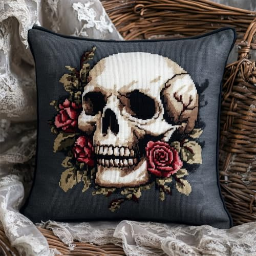 ORLUMY DIY Knüpfkissen Zum Selber Knüpfen Totenkopf Und Blumen Knüpfhaken-Sets Fantasy Totenkopf 3D Kissen Materialien Paketbezug Knüpfhaken-Sets Kissen Stickset Basteln Heimdekoration 43x43cm