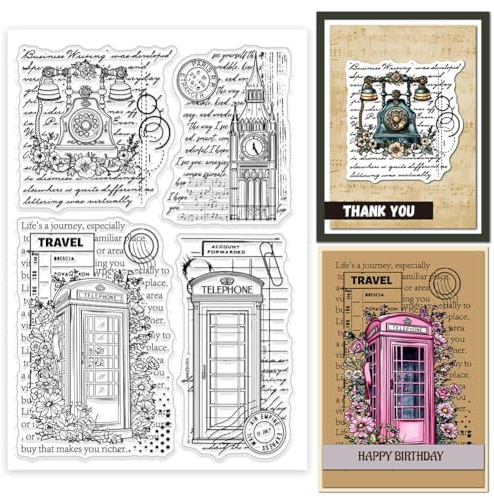 GLOBLELAND Retro Telefonzelle Transparente Silikonstempel Uhrenturm Klare Stamps Glockenturm Blumen Silikonstempel Für Kartengestaltung DIY Prägung Journaling