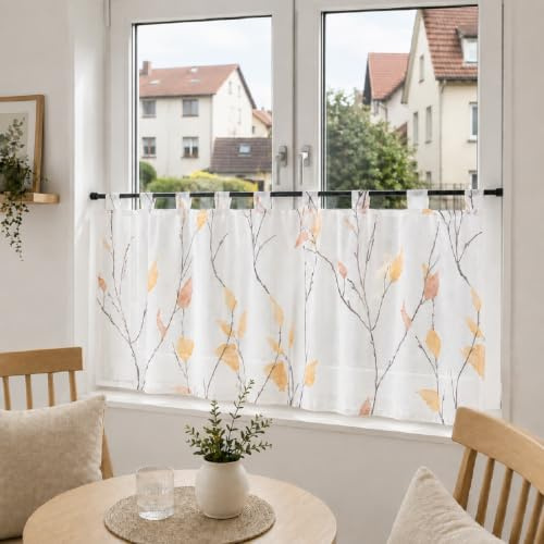 Joyswahl Voile Scheibengardinen Landhausstil Weiß Küchengardinen Transparent Bistrogardine mit Schlaufen Kurzstores mit Blatt- und Blumenmuster Orange HxB 30x90cm 1er Pack
