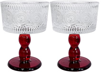 Boxonly Red Sunburst Glass Goblet - 200ml Handcrafted Lead-Free Glass with Retro Floral Pattern, Red Stem Design, Great for Wine, Champagne, and Celebrations