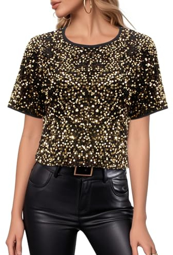 Segreto Damen Glitzer Pailletten Tops Short Sleeved Rundhals Locker Oberteil Glänzende Party Bluse T-Shirts Festliches Outfit