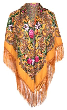 Caxndycing Sciarpa con tradizionale motivo floreale ucraino, polacco, russo e frange Elegante sciarpa scialli signora nappine stampa floreale cotone foulard Wraps, giallo., Taglia unica