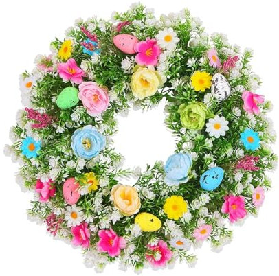 MagiDeal Bunter Osterkranz mit bunten Eiern, künstlicher Blumenkranz, dekorative grüne Girlande, Frühlings-Türkranz-Dekoration, 35 cm