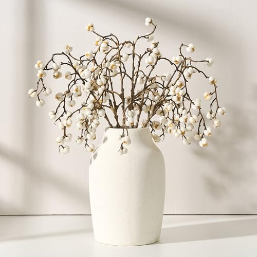 PORCER Ceramic Rustic Farmhouse Flower Vase, 7 Inch Boho Terracotta Vase for Home Decor, Living Room, Table, Shelf, Mantel Decoration, Farmhouse-White