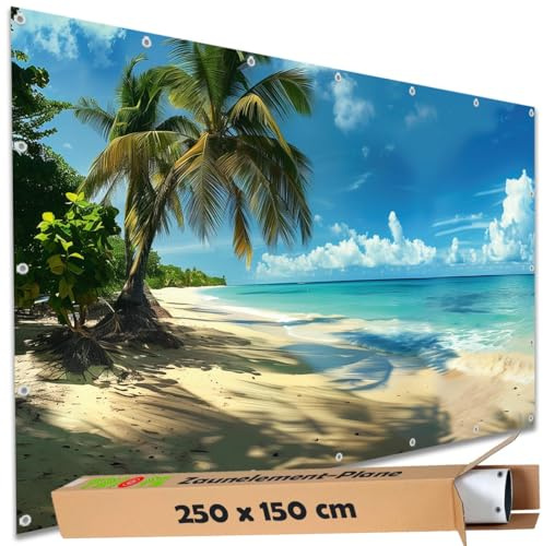TRIOSK Sichtschutz Garten Deko Zaun Plane Blickdicht groß mit Zaunblende Motiv Strand Meer Karibik Urlaub für Balkon Terrasse Zaunelement Doppelstabmatten Gartenzaun PVC 250x150 cm