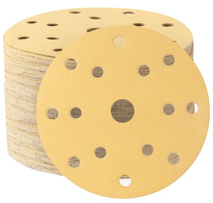 150mm Sanding Discs,6 Inch 15 Hole Sanding Discs,Hook and Loop 60 Grits Gold Sandpaper, 50PCS Round Ceramic Sand Paper Discs for Random Orbit Sander
