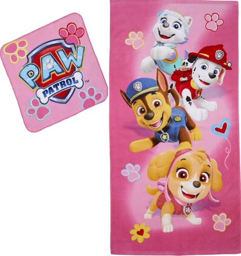 Franco Paw Patrol Girls Bath/Pool/Beach Soft Absorbent Cotton Terry Towel with Washcloth 2 Piece Set, 50 in x 25 in