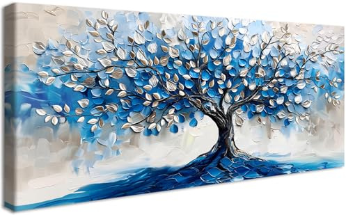 HALFLEMART Stampa su tela Con Cornice Albero della Vita Astratto Pittura Argento Albero Blu Navy Quadri su tela Quadri Moderni Quadretti da Parete Stampa da Parete Soggiorno Camera da Letto 50x120cm