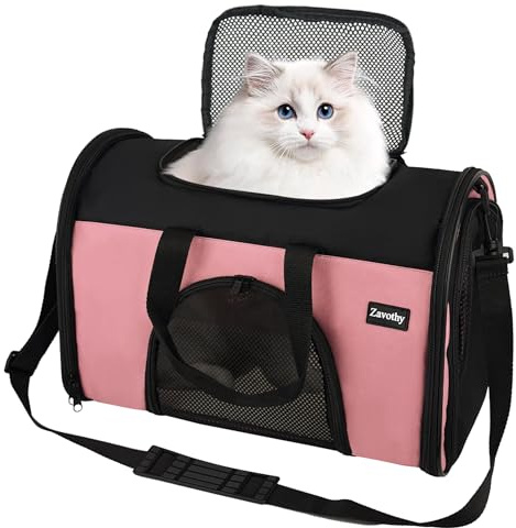Zavothy Borsa per il trasporto per gatti e cani, borsa per il trasporto, traspirante e pieghevole, trasportino per gatti con tracolla regolabile, materasso in peluche rimovibile (rosa chiaro, S)