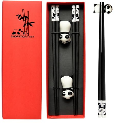Estigos de corte chino - juego de palillos reutilizables panda, par de soporte de cerámica | Utensilios de comedor sin deslizamiento de 9.4 pulgadas, kit de vajilla en lavavajillas, hogar, ris