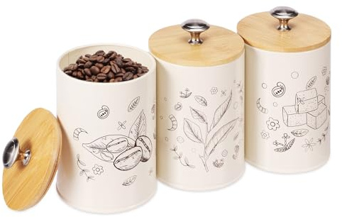 Eyoulife Lot de 3 boîtes à thé en vrac avec couvercle et poignée - Motif de classification - 9,5 x 9,5 x 13 cm - Pour thé, café, épices, sucre, farine, céréales, collations