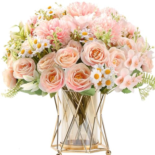 HNVNER 4 Bunches Pink Artificial Flowers, Silk Artificial Faux Peony Hydrangea Flowers Bouquets for Wedding Party Centerpiece Home Decor DIY