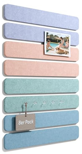 Cork Board Alternative Felt Strip Board 8-Pack 13x2, Office Pin Board with 50 Push Pins, Adhesive Install for Bedroom Door & Home Office(Coastal Haze)