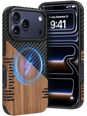 Dolstrap Robuste Coque iPhone Compatible avec Coque iPhone 17 Pro (Compatible avec Magsafe), (Bois Naturel & Fibre Texture de Carbone) Mince Case, Noir+Marron