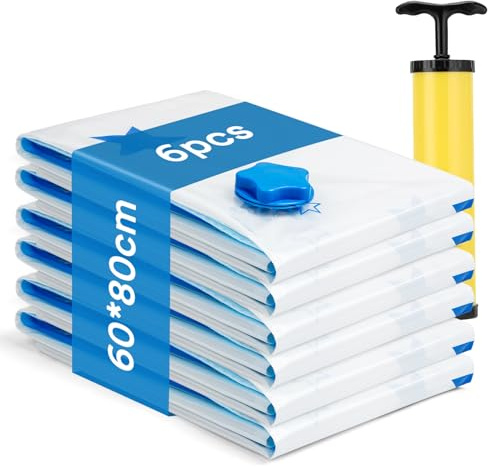 AIyvisun 6pcs Sacchetti Sottovuoto Vestiti 60 * 80cm con Pompa, L Buste Sottovuoto Vestiti Riutilizzabili, Sacchi Sottovuoto per Coperte Lenzuola Piumoni Cuscini