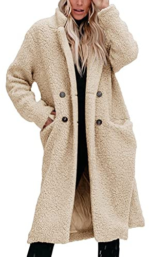 Generisch Damen Elegant Langarm Trenchcoat Dicker Warmer Wintermantel Lässiger Plüschmantel Reverskragen Jacke mit Taschen Winter Plüschmantel