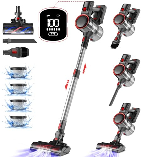 Authmic Akku Staubsauger Kabellos, 50000Pa Kabelloser Staubsauger mit Touchscreen, 50Mins, 1.6L, H13 HEPA, Anti-Tangle-Bürste, für Hartböden/Teppich/Tierhaare, Rot