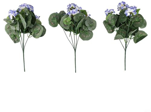 Künstliche Geranien, 35,6 cm, Seidenblumen, 3 Bündel für Außen- und Innendekoration, realistisches Aussehen und witterungsbeständig, Blau