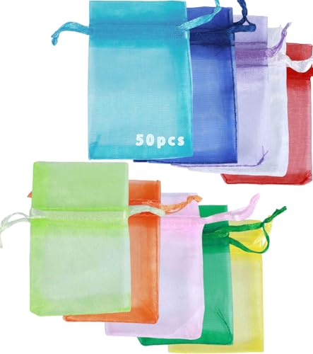 TAKONE Organzabeutel 15×20 cm Bunt mit Zugband Geschenksäckchen Schmuck | 50 Organzabeutel 15×20 cm bunt, Zugbandverschluss, transparentes Organza, vielseitig für Geschenke