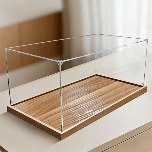 Teca Plexiglass Scatola Portaoggetti Lunga in Acrilico, 20, 30, 40, 50, 60, 70, 85 cm, Vetrina Trasparente per Oggetti da Collezione, Base in Legno Spazzolato(55x35x35cm/22x14x14in)