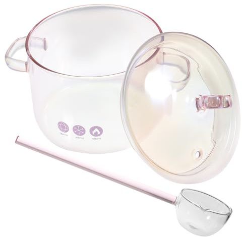 Genérico Olla de Vidrio Resistente al Calor de 1500 Ml con Doble Asa y Cuchara, Color Rosa, Cacerola para Estofado y Cocina Doméstica, Utensilios Cocina para Sopa y Leche, Set 2 Piezas